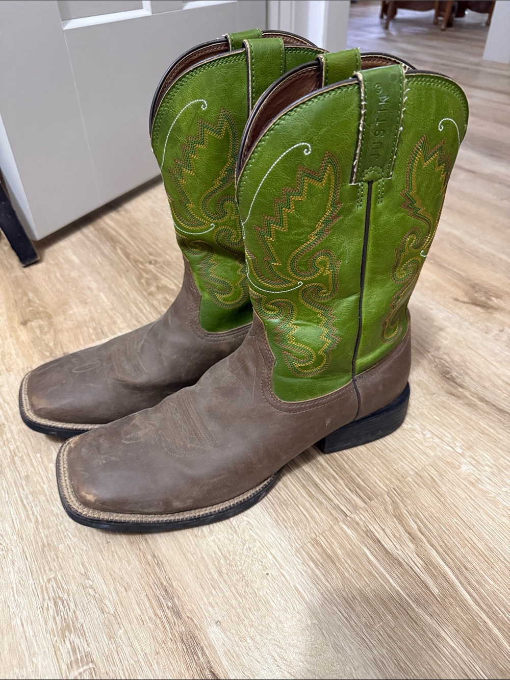 Justin Boots Brown Foot with Green Embroidered Shaft Cowboy Boots